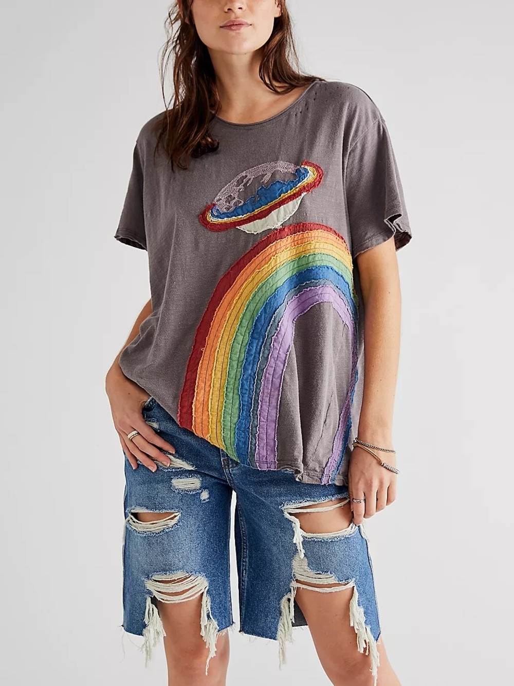 Magnolia Pearl Saturn Disco Applique Rainbow Tee Tshirt Distressed Bohobocentric